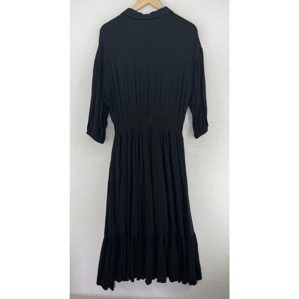 Z SUPPLY Dress L Tanya Maxi 3/4 Sleeve Pleated Smocked Button Front Black NEW - Picture 3 of 14
